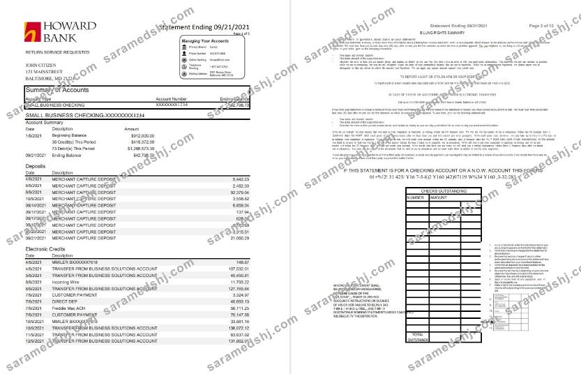 USA Maryland Howard Business bank statement template, Excel and PDF format (.xls and .pdf) (4 pages)